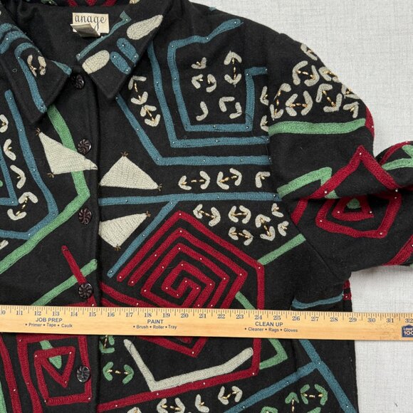 Vintage Anage Embroidered Wool Jacket Abstract Print Black Multi Size Chest 58" - Picture 8 of 13